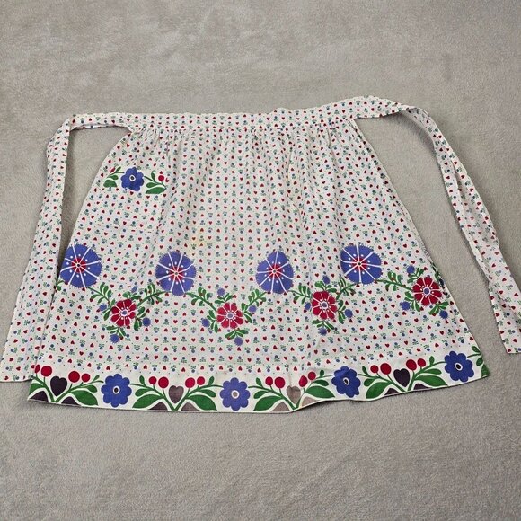 Vintage Half Apron Womens Red Blue Floral Waist Tie Housewife Kitchen Country - Picture 2 of 11